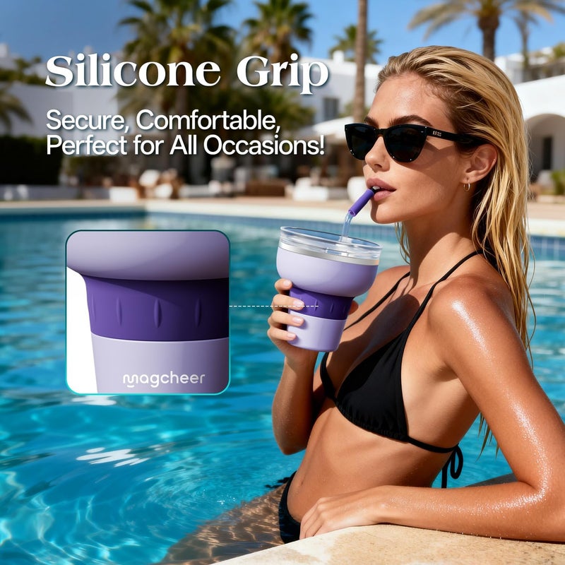 magcheer 473ml Insulated Wine Tumbler | Stainless Steel Margarita Glass with 320° Sippable Lid and Detachable Tritan Straw | Great Gift | Wine Glasses for Party Vacation Pool | Purple - Image 5
