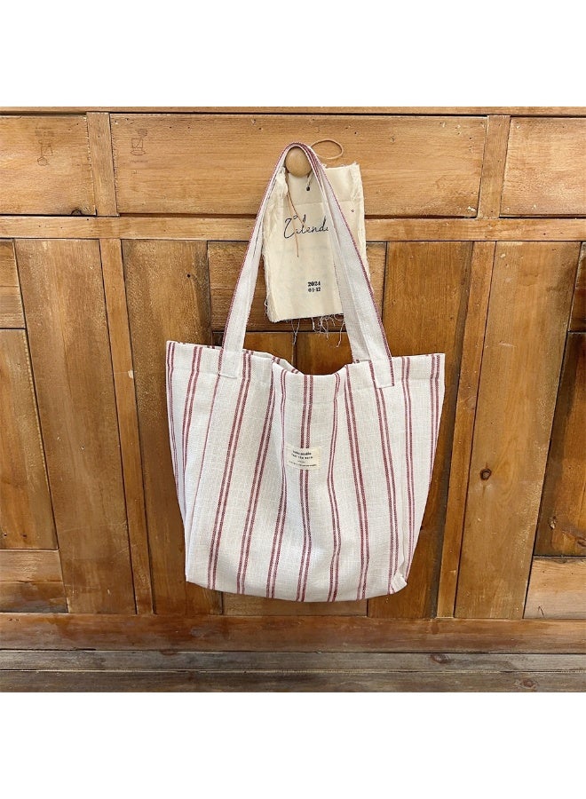 Large Capacity Fashion Color Contrast Stripes Tote Bag Spring And Summer Stripes Casual Bag Single Shoulder Canvas Bag  - Image 1