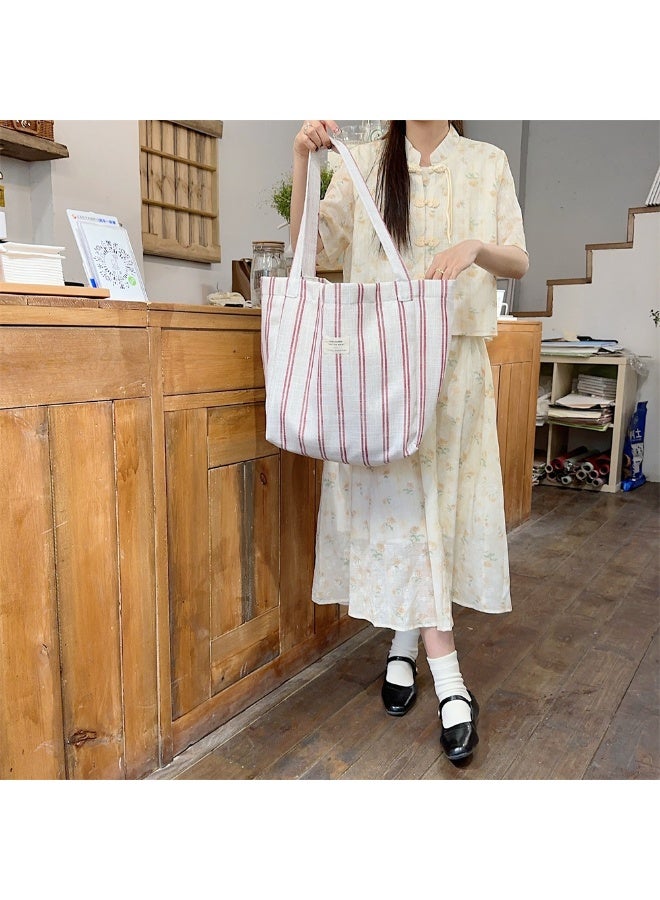 Large Capacity Fashion Color Contrast Stripes Tote Bag Spring And Summer Stripes Casual Bag Single Shoulder Canvas Bag  - Image 4