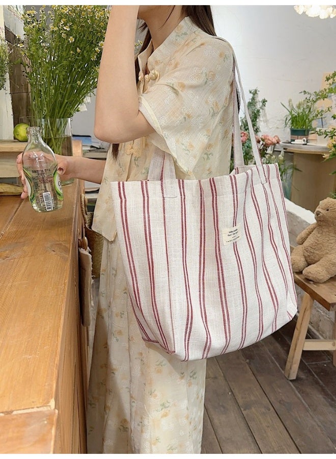 Large Capacity Fashion Color Contrast Stripes Tote Bag Spring And Summer Stripes Casual Bag Single Shoulder Canvas Bag  - Image 5