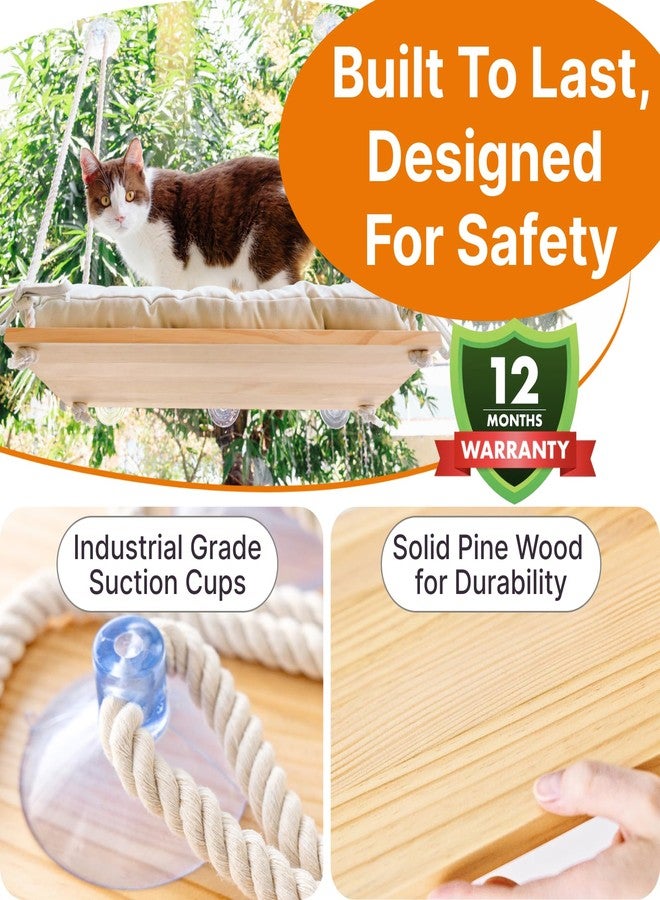 Furrfinity Cat Window Perch for Large Cats - Hammock Bed for Heavy Indoor Cats - Solid Wood Seat, 5 Strong Suction Cups, Soft Cushion - Rustic Shelf for Pets Inside - Image 3