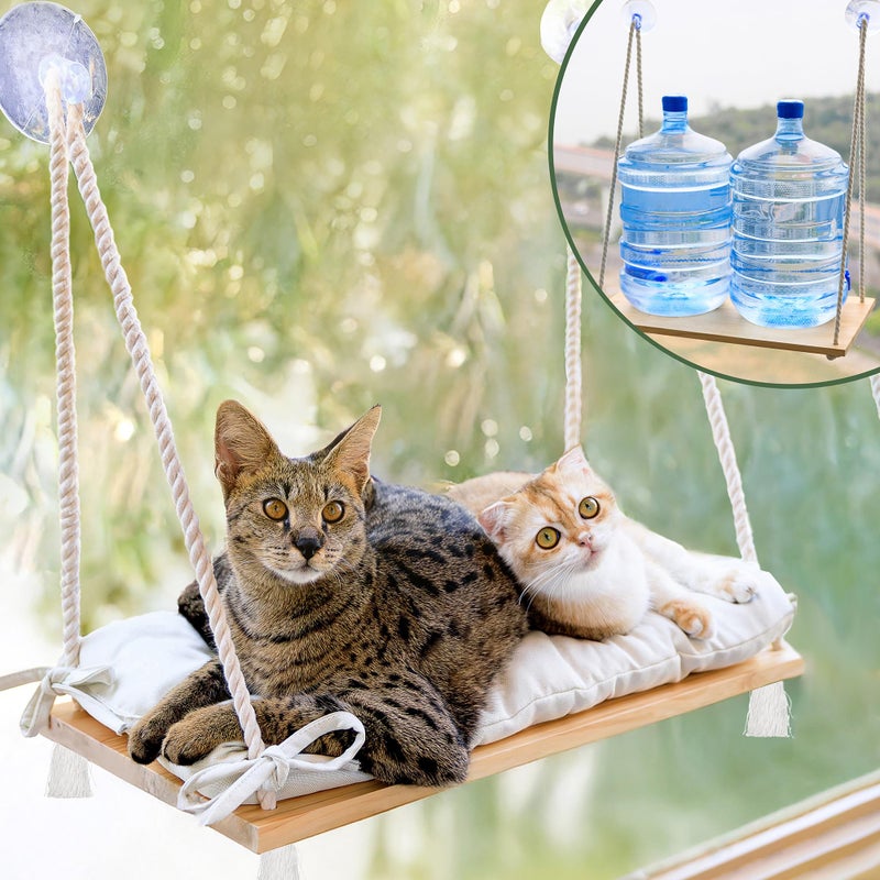 Furrfinity Cat Window Perch for Large Cats - Hammock Bed for Heavy Indoor Cats - Solid Wood Seat, 5 Strong Suction Cups, Soft Cushion - Rustic Shelf for Pets Inside - Image 1