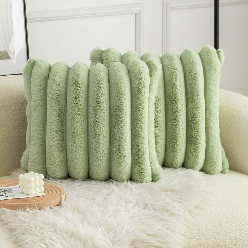 Neelvin Green Faux Fur Cozy Soft Striped Decorative Throw Pillow Covers 24x24 inch Set of 2 Velvet Pillowcase Cushion Case for Sofa Couch - Image 1
