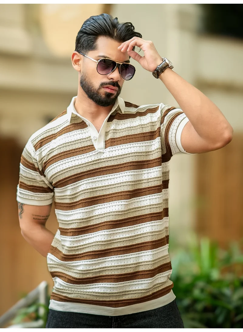 Maniac Maniac Mens Stripe Polo Neck Half Sleeve White and Brown FlatKnit Cotton T-Shirt