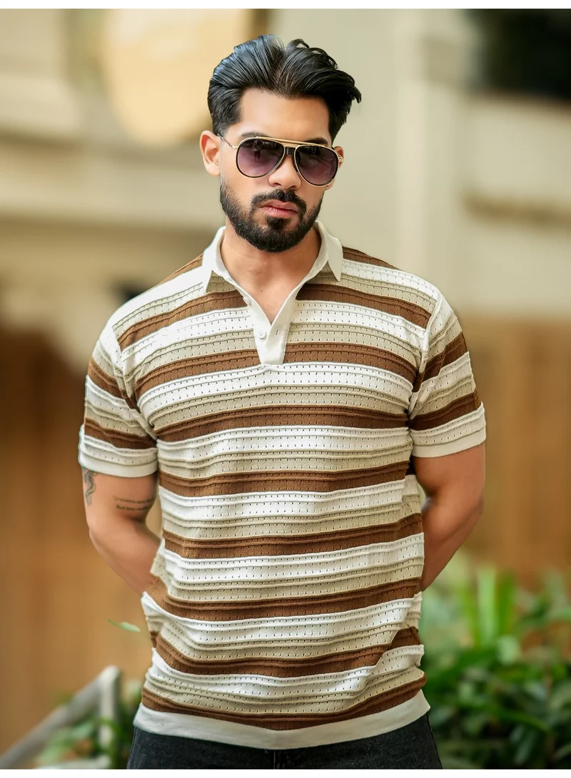 Maniac Maniac Mens Stripe Polo Neck Half Sleeve White and Brown FlatKnit Cotton T-Shirt