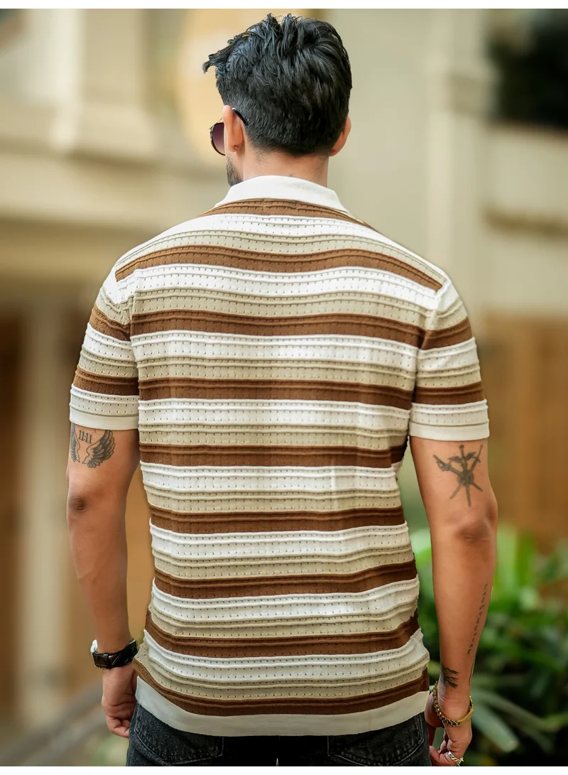 Maniac Maniac Mens Stripe Polo Neck Half Sleeve White and Brown FlatKnit Cotton T-Shirt