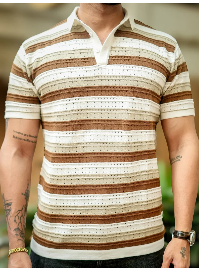 Maniac Maniac Mens Stripe Polo Neck Half Sleeve White and Brown FlatKnit Cotton T-Shirt