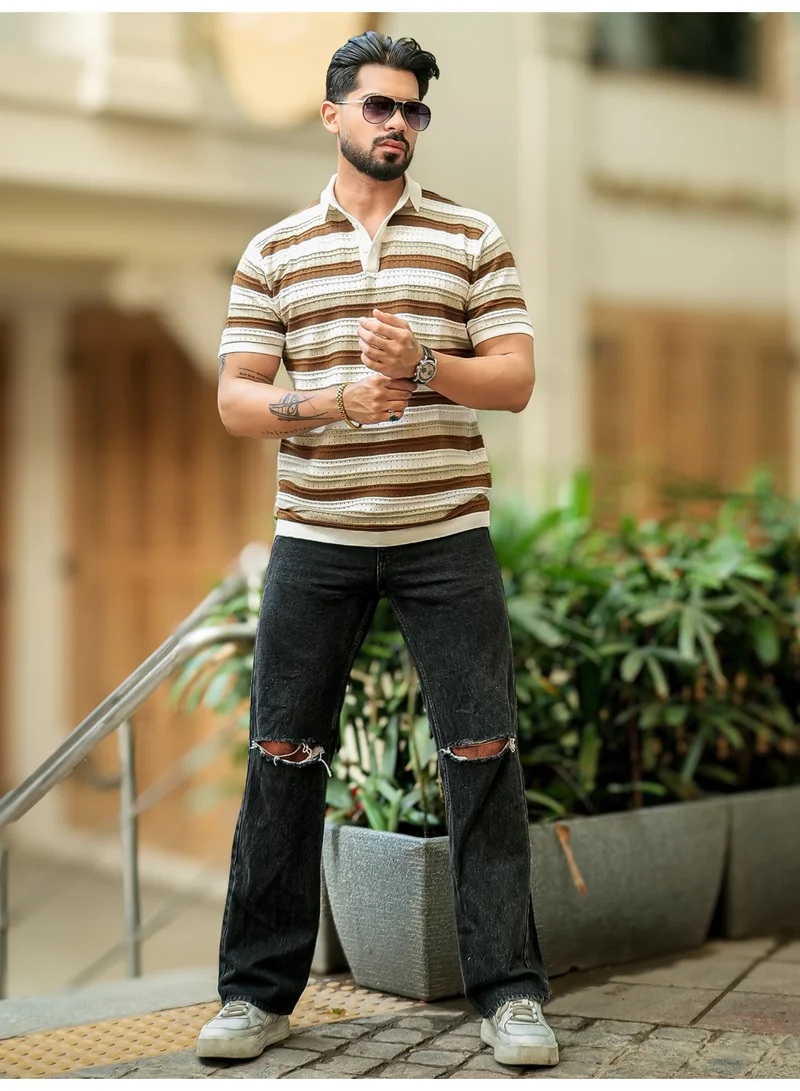 Maniac Maniac Mens Stripe Polo Neck Half Sleeve White and Brown FlatKnit Cotton T-Shirt