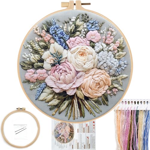 FONNUY Bouquet Flowers Embroidery Kit for Beginners PreStamped Pattern Kits for Adults with Hoop Easy to Follow Color Thread Needlework 8 Hoop Heartwarming - Image 1