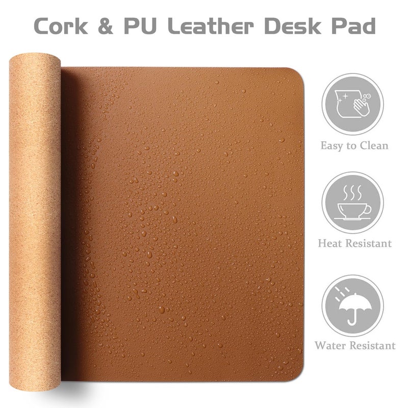 Aothia Double-Sided Desk Pad, Leather Desk Mat, Eco Cork Desk Pad Protector, Large Mouse Pad, Waterproof Desk Blotter Protector for Office/Home (25.6"x13.7", Brown) - Image 3