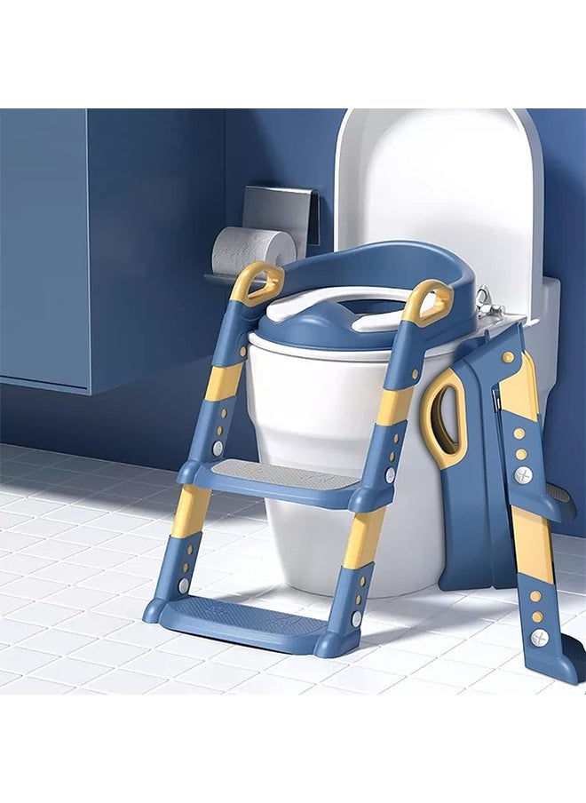 Generic Potty Training Seat with Ladder, Folding Trainer Toilet Potty with Step Stools Ladder for Boys Girls 2 in 1 Adjustable Kids Potty Seat with Anti-Slip Pads Comfortable Cushion (Blue)  - Image 1