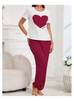Generic 2 Pieces Women Pajama Set Heart Pattern Short Sleeve Long Pants Ladies Loungewear and Sleepwear  - Image 2
