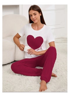 Generic 2 Pieces Women Pajama Set Heart Pattern Short Sleeve Long Pants Ladies Loungewear and Sleepwear  - Image 1