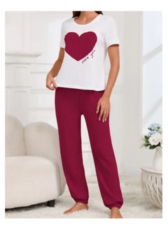 Generic 2 Pieces Women Pajama Set Heart Pattern Short Sleeve Long Pants Ladies Loungewear and Sleepwear  - Image 4