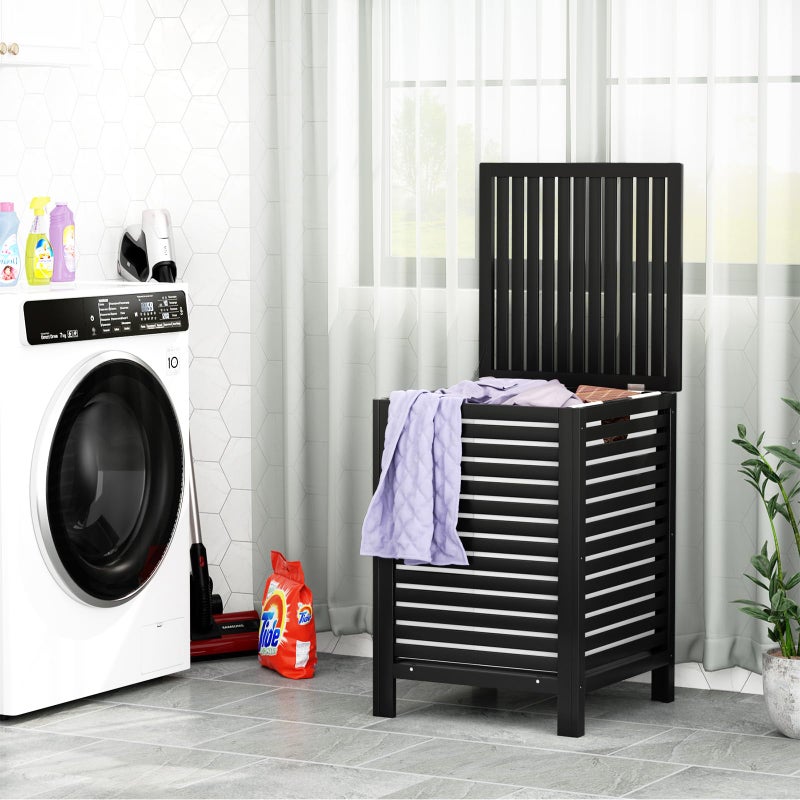 Homykic Bamboo Laundry Hamper with Lid, 120L Large Clothes Laundry Sorter with Removable 2-Section Liner Bag, Raised Laundry Basket Organizer for Clothing, Bathroom, Bedroom, Laundry Room, Black - Image 2
