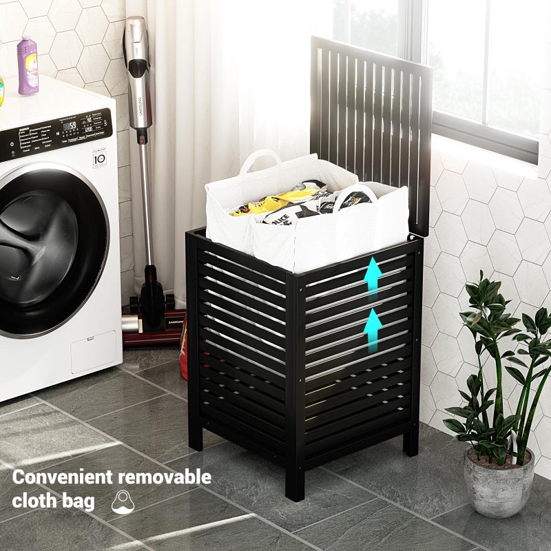 Homykic Bamboo Laundry Hamper with Lid, 120L Large Clothes Laundry Sorter with Removable 2-Section Liner Bag, Raised Laundry Basket Organizer for Clothing, Bathroom, Bedroom, Laundry Room, Black - Image 3