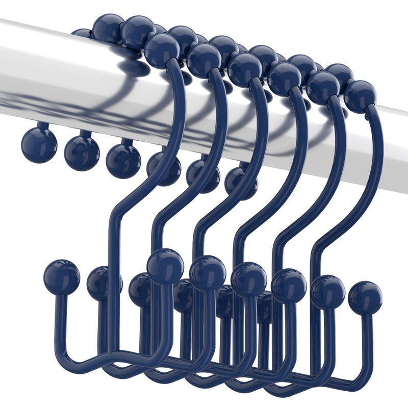Titanker Shower Curtain Hooks Rings, Rust-Resistant Metal Double Glide Shower Hooks for Bathroom Shower Rods Curtains, Set of 12 Hooks - Navy Blue - Image 1