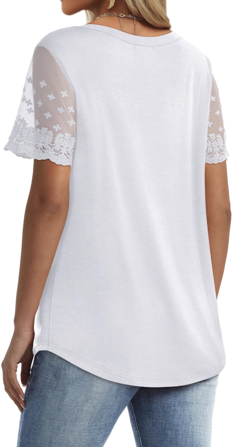 OFEEFAN White Shirt Womens Boho Tops Short Sleeve V Neck Curved Hem Casual Lace Tops White L - Image 5