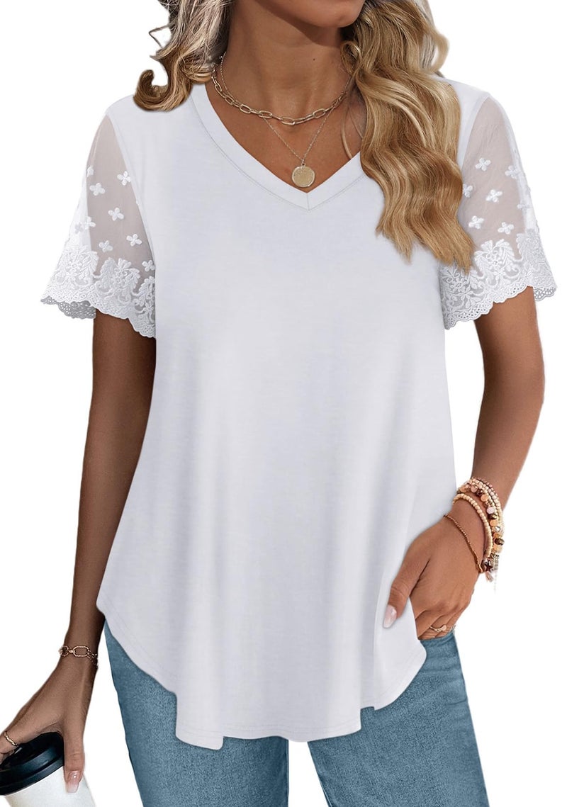 OFEEFAN White Shirt Womens Boho Tops Short Sleeve V Neck Curved Hem Casual Lace Tops White L - Image 4