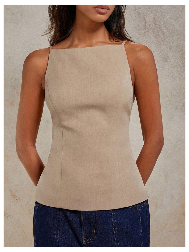 MakeMeChic Women's Going Out Tops Y2k Halter Tops Dressy Backless Top Khaki Small - Image 2