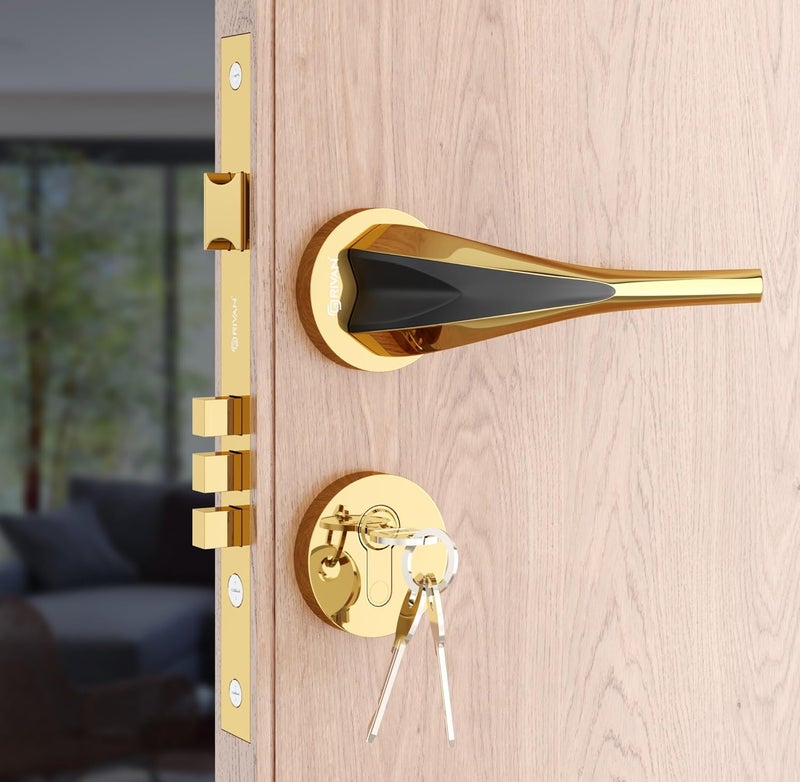 GRIVAN Luxury Door Locks for Main Door Mortise Door Lock Set with 3 Brass Keys Bedroom Door Lock Handle Lock for HomeOfficeHotel Gold Black Finish 2 Years Warranty - Image 1