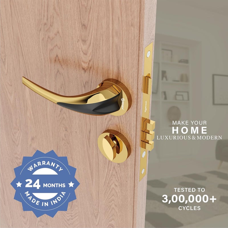 GRIVAN Luxury Door Locks for Main Door Mortise Door Lock Set with 3 Brass Keys Bedroom Door Lock Handle Lock for HomeOfficeHotel Gold Black Finish 2 Years Warranty - Image 2