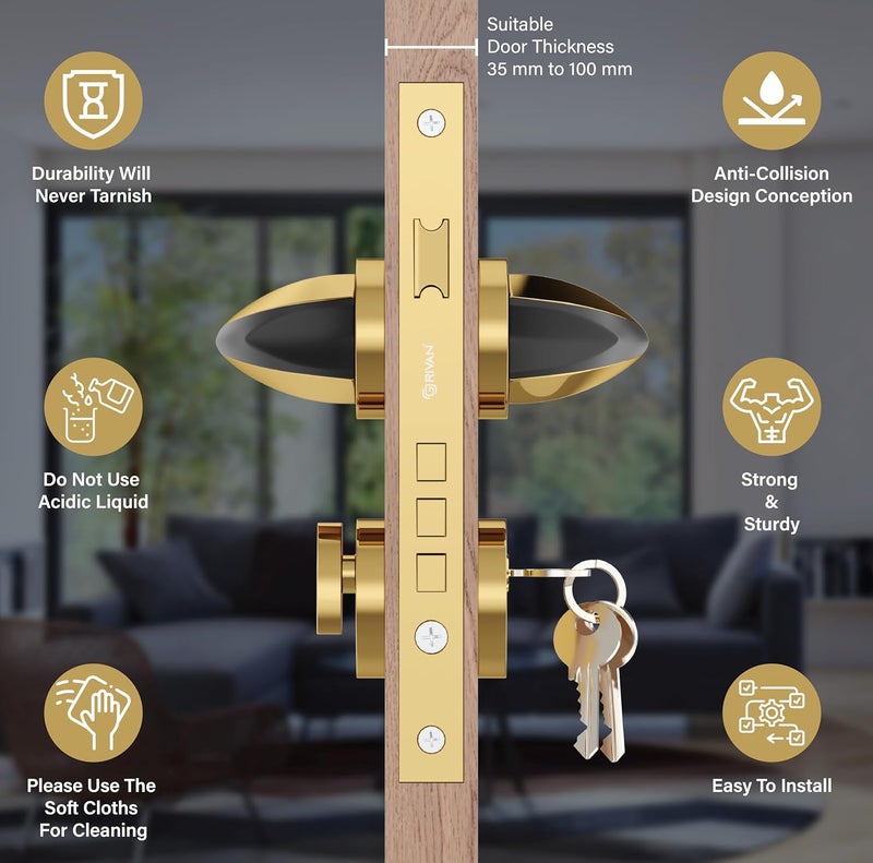 GRIVAN Luxury Door Locks for Main Door Mortise Door Lock Set with 3 Brass Keys Bedroom Door Lock Handle Lock for HomeOfficeHotel Gold Black Finish 2 Years Warranty - Image 4