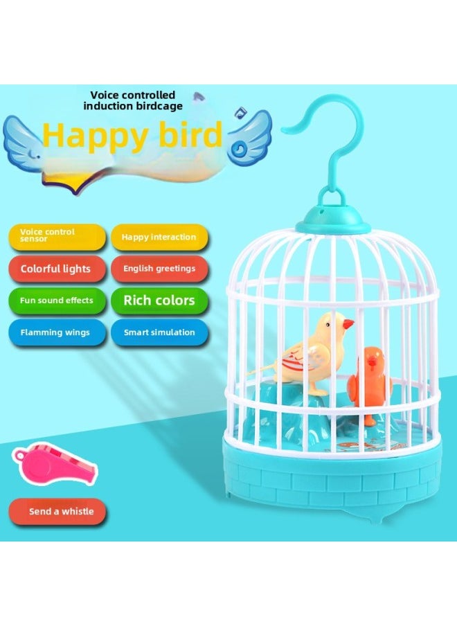 Learn To Talk Bird Children's Bird Cage Toy Voice Control Electric Singing And Dancing Girl Baby Boy 1-3-6 Years Old-Color:Blue Cage [send Ordinary Battery]]-Specifications:send Children Whistle]  - Image 1