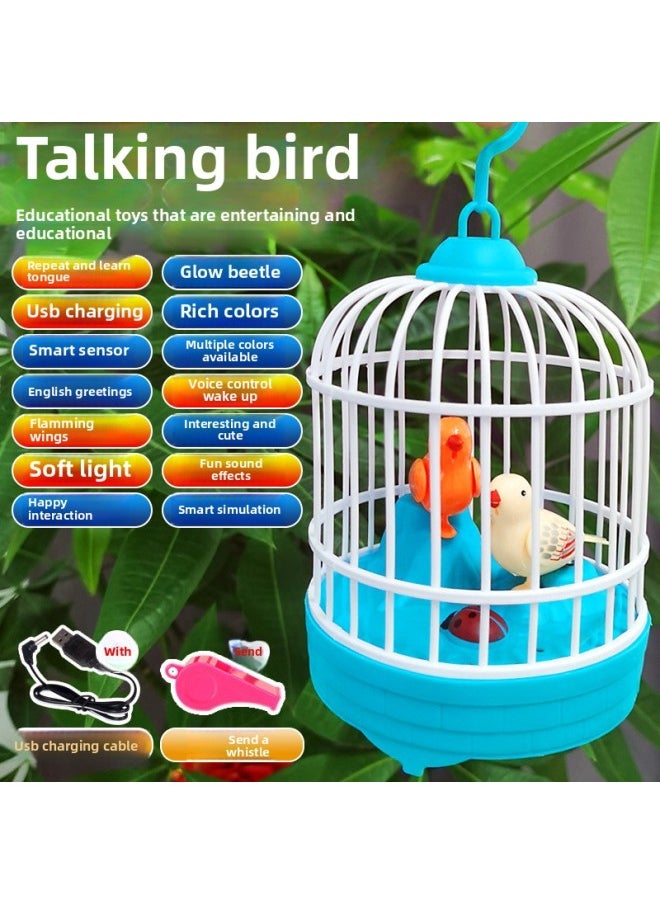 Learn To Talk Bird Children's Bird Cage Toy Voice Control Electric Singing And Dancing Girl Baby Boy 1-3-6 Years Old-Color:Blue Cage [send Ordinary Battery]]-Specifications:send Children Whistle]  - Image 2