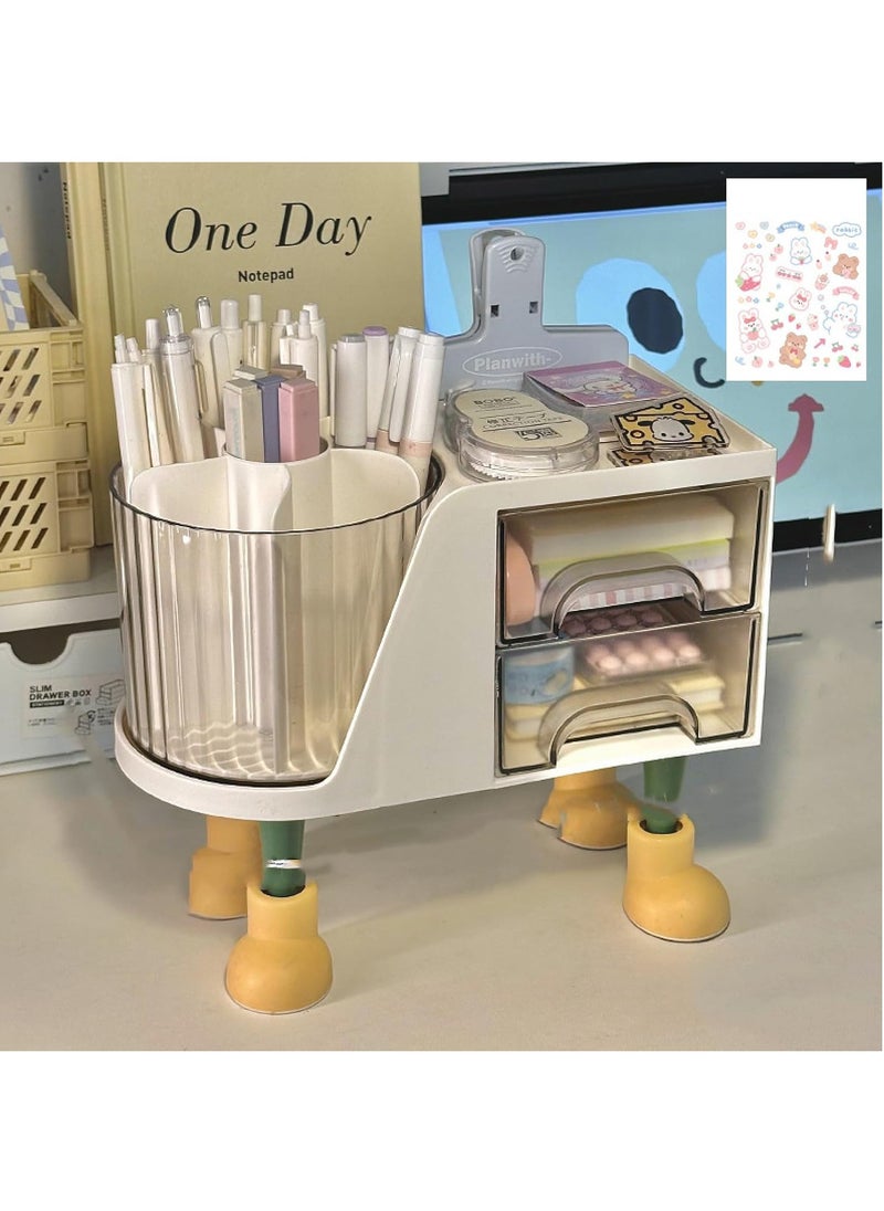 Hihonor Desk Organizer and Accessories with 4 Little Feet and 2 Drawers, Rotating Pen Holder for Desktop Storage, Desk Organization for School, Home, Office Supplies (White)  - Image 1