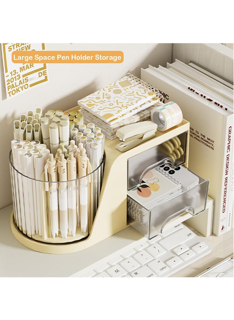 Hihonor Desk Organizer and Accessories with 4 Little Feet and 2 Drawers, Rotating Pen Holder for Desktop Storage, Desk Organization for School, Home, Office Supplies (White)  - Image 2