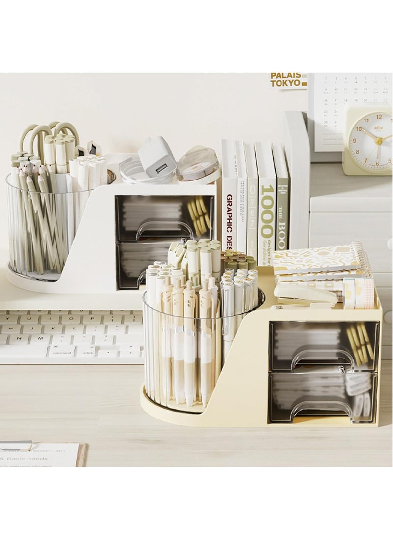 Hihonor Desk Organizer and Accessories with 4 Little Feet and 2 Drawers, Rotating Pen Holder for Desktop Storage, Desk Organization for School, Home, Office Supplies (White)  - Image 3