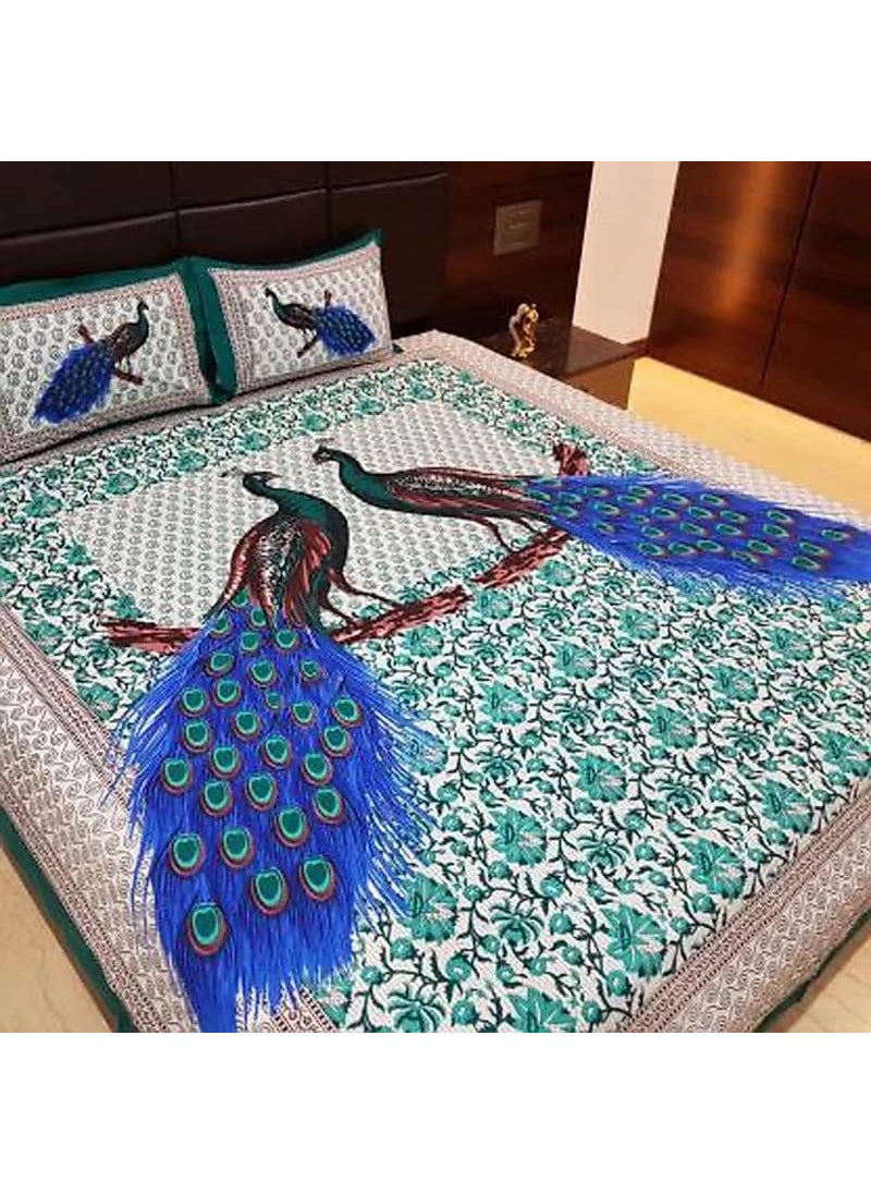 Queenie Queenie Brand Peacock Print 144 TC 100% Cotton Double Bedsheet with 2 Pillow Covers,Deepblue  - Image 1