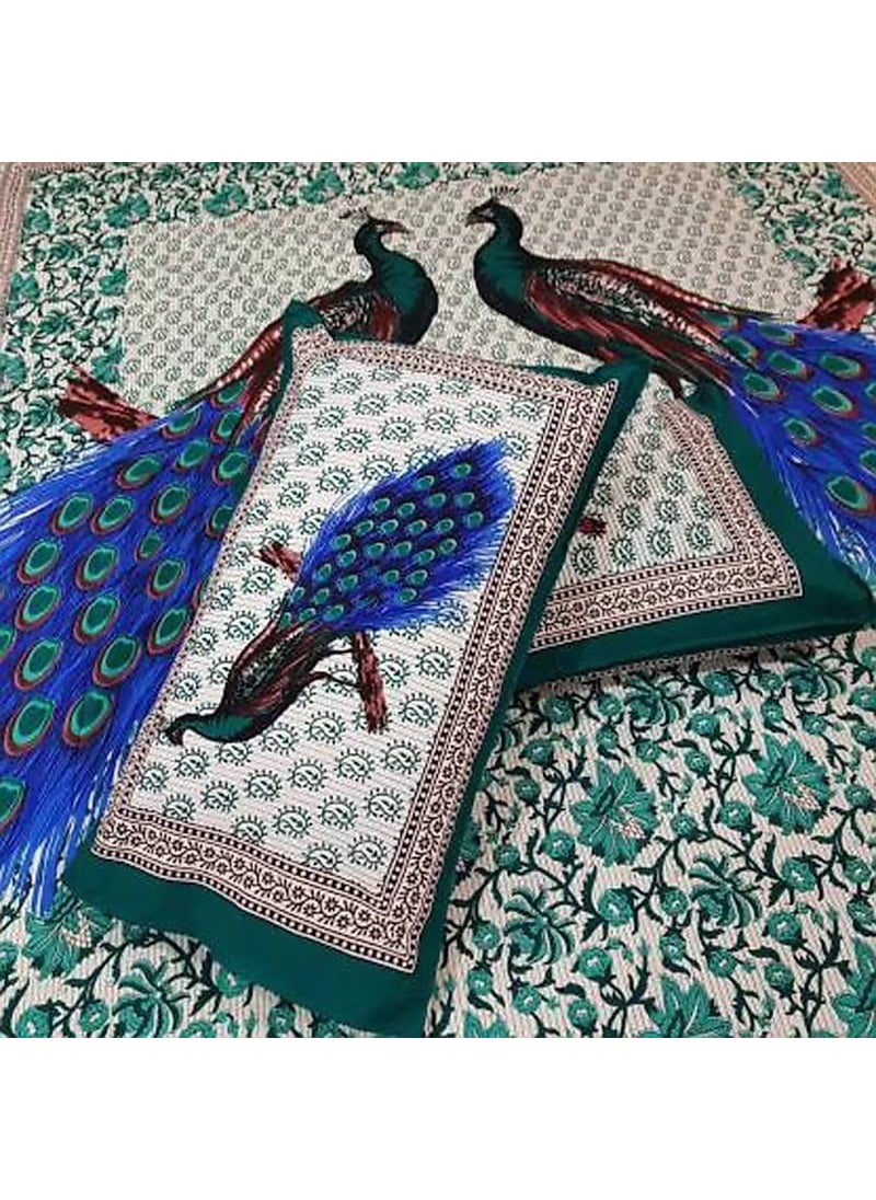 Queenie Queenie Brand Peacock Print 144 TC 100% Cotton Double Bedsheet with 2 Pillow Covers,Deepblue  - Image 4