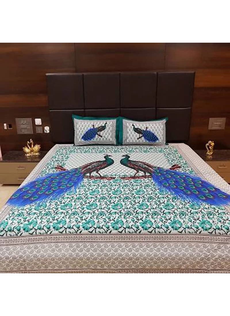 Queenie Queenie Brand Peacock Print 144 TC 100% Cotton Double Bedsheet with 2 Pillow Covers,Deepblue  - Image 2