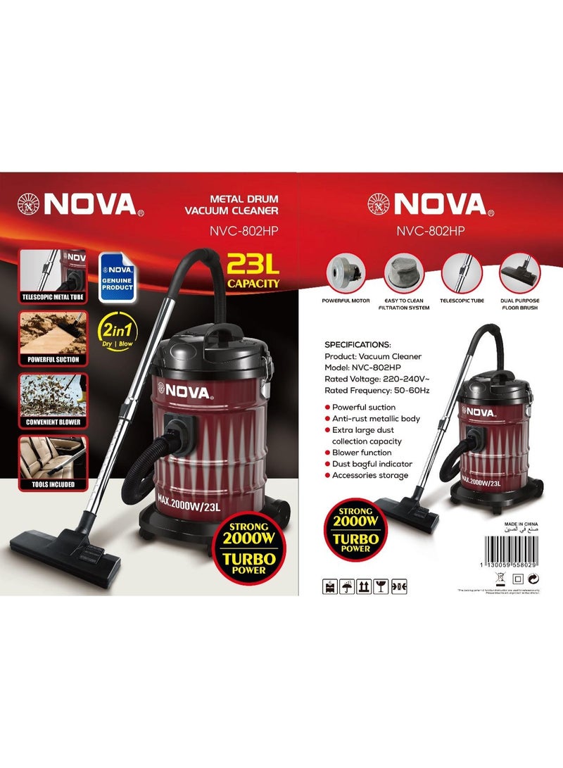 نوفا NVC 802HP مكنسة كهربائية قوية للاستخدام الشاق بسعة 23 لتر مع أسطوانة معدنية ومحرك توربو 2000W مع وظيفة النفخ الرطب والجاف مع شفط قوي ونظام ترشيح سهل للتنظيف المنزلي والمرآب والسيارة وورش العمل