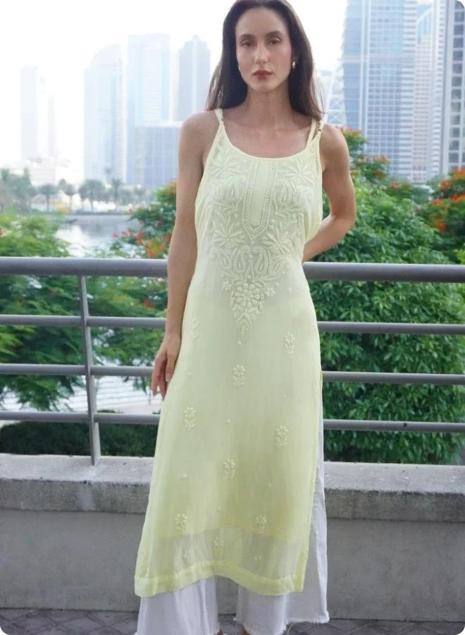 #بي Lemon Yellow Sleeveless Embroidered Kurti
