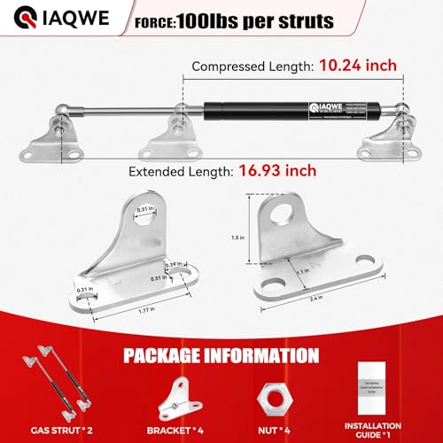 IAQWE 17In 100Lb/445N Gas Spring Struts Shocks Lift Supports for RV Bed Tool Box Lid Cabinet Heavy Duty Floor Hatch Trash Bin Outdoor Bench Storage with L-Type Mount, 2pcs - Image 2