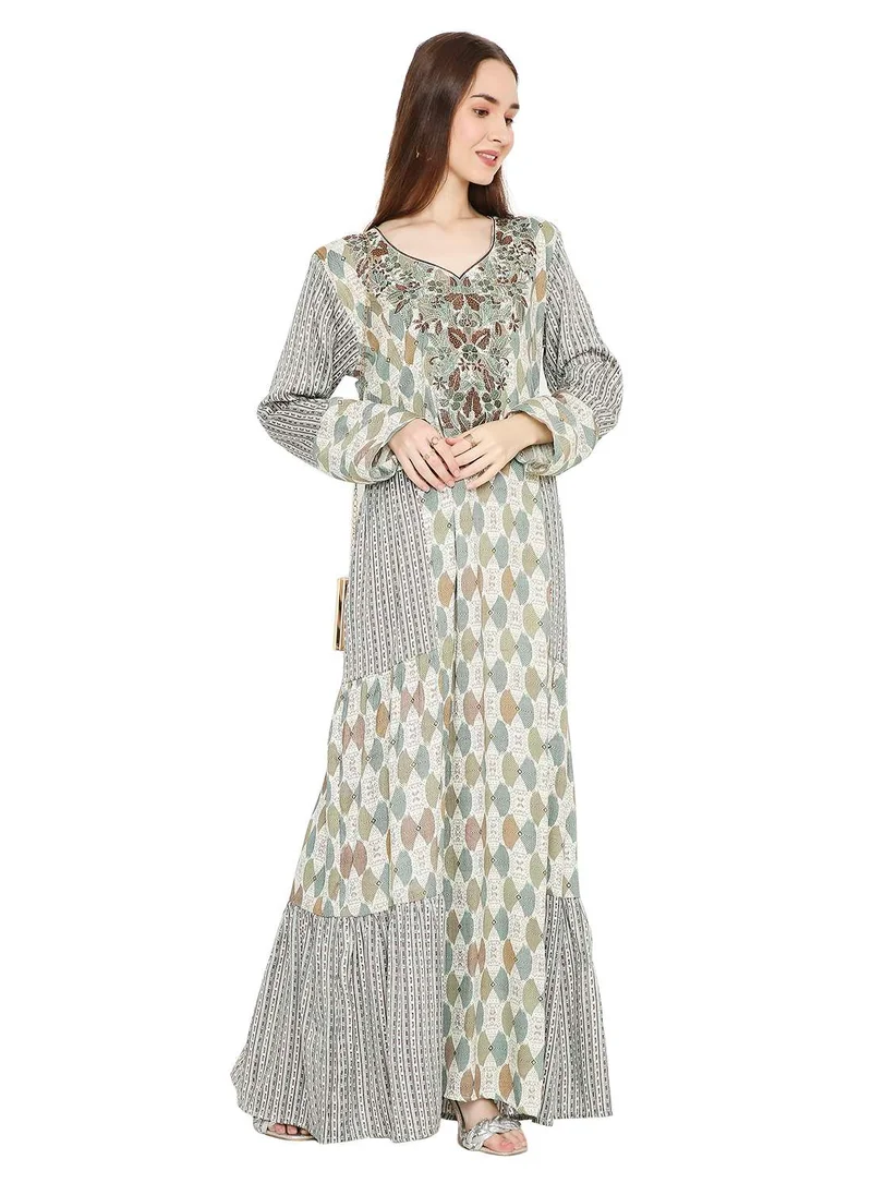 HANA & SARA LONG UNIQUE PRINTED WITH STONE WORK ON THREAD EMBROIDERY ARABIC KAFTAN JALABIYA DRESS