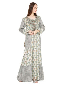 HANA & SARA LONG UNIQUE PRINTED WITH STONE WORK ON THREAD EMBROIDERY ARABIC KAFTAN JALABIYA DRESS  - Image 1