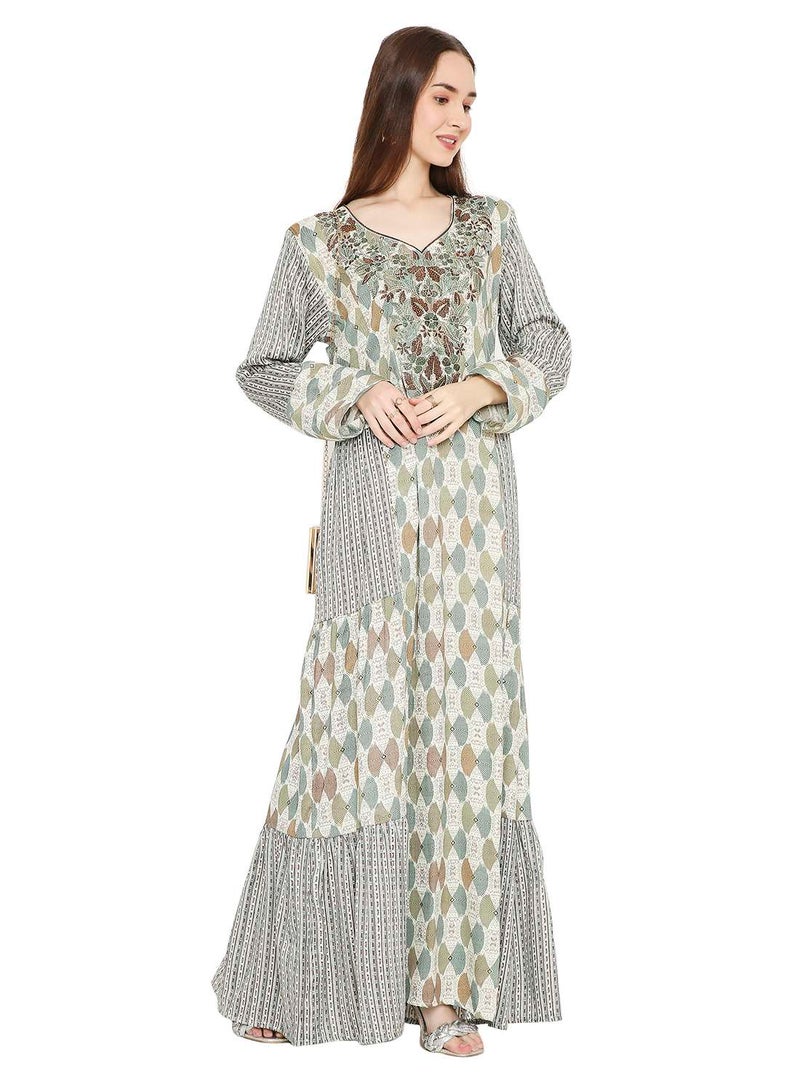 HANA & SARA LONG UNIQUE PRINTED WITH STONE WORK ON THREAD EMBROIDERY ARABIC KAFTAN JALABIYA DRESS  - Image 1