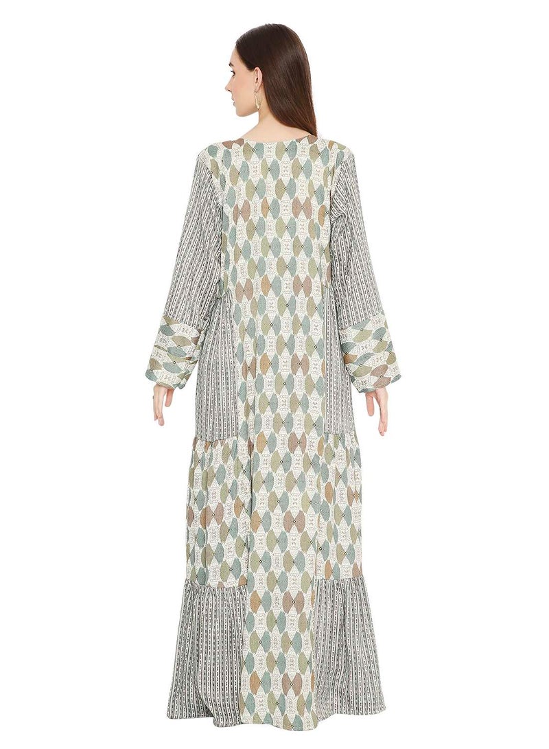 HANA & SARA LONG UNIQUE PRINTED WITH STONE WORK ON THREAD EMBROIDERY ARABIC KAFTAN JALABIYA DRESS  - Image 2