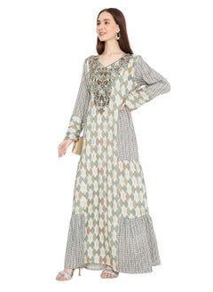 HANA & SARA LONG UNIQUE PRINTED WITH STONE WORK ON THREAD EMBROIDERY ARABIC KAFTAN JALABIYA DRESS  - Image 5