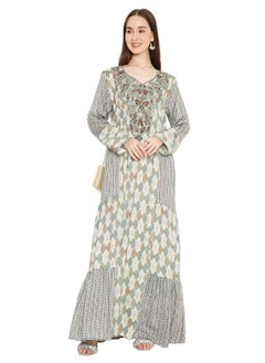 HANA & SARA LONG UNIQUE PRINTED WITH STONE WORK ON THREAD EMBROIDERY ARABIC KAFTAN JALABIYA DRESS  - Image 4