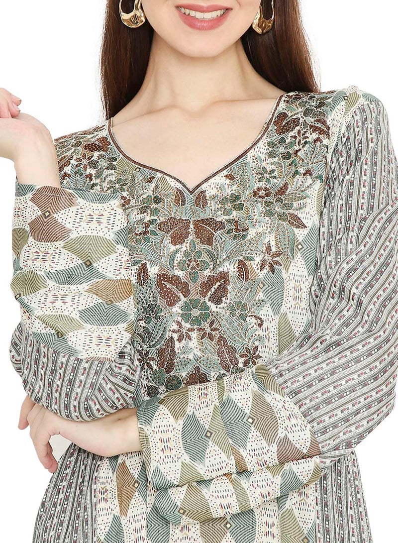 HANA & SARA LONG UNIQUE PRINTED WITH STONE WORK ON THREAD EMBROIDERY ARABIC KAFTAN JALABIYA DRESS  - Image 3