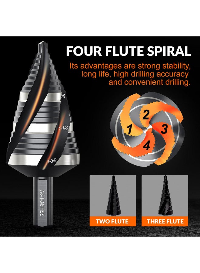 THINKWORK Four Spiral Flute Step Drill Bit Set, 5 Pcs HSS Step Drill Bits (1/8"-1-3/8") Unibit Step Drill Bit, 1/4" and 3/8" Shank Step Bits for Aluminum, Wood, Plastic, Metal - Image 2