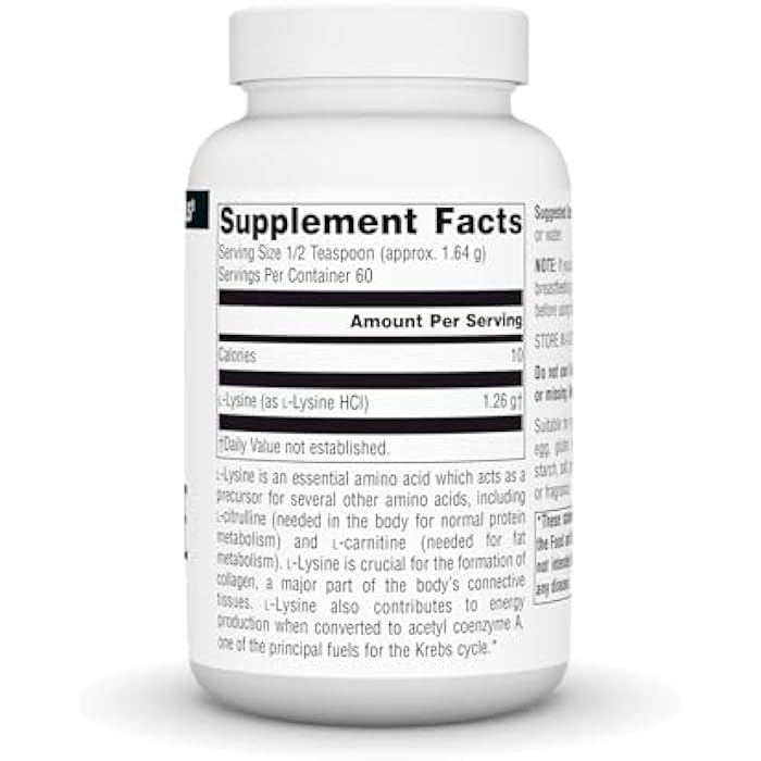 Source Naturals L-Lysine Free Form Powder -Amino Acid Supplement Supports Energy Formation & Collagen* - 100 Grams - Image 2