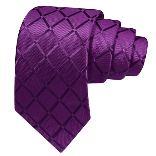 GUSLESON Dark Purple Mens Plaid Checkered Wedding Necktie Pocket Square Cufflinks and Lapel Pin Brooch Set (IN6104-20) - Image 3