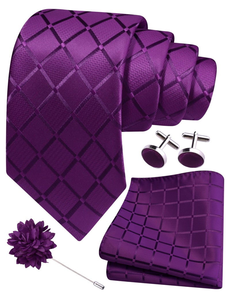GUSLESON Dark Purple Mens Plaid Checkered Wedding Necktie Pocket Square Cufflinks and Lapel Pin Brooch Set (IN6104-20) - Image 1