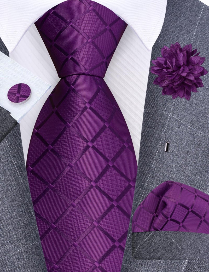 GUSLESON Dark Purple Mens Plaid Checkered Wedding Necktie Pocket Square Cufflinks and Lapel Pin Brooch Set (IN6104-20) - Image 2